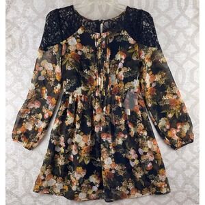 Forever 21 Contemporary Womens XS‎ Floral Lace Pintuck Chiffon Mini Dress Black